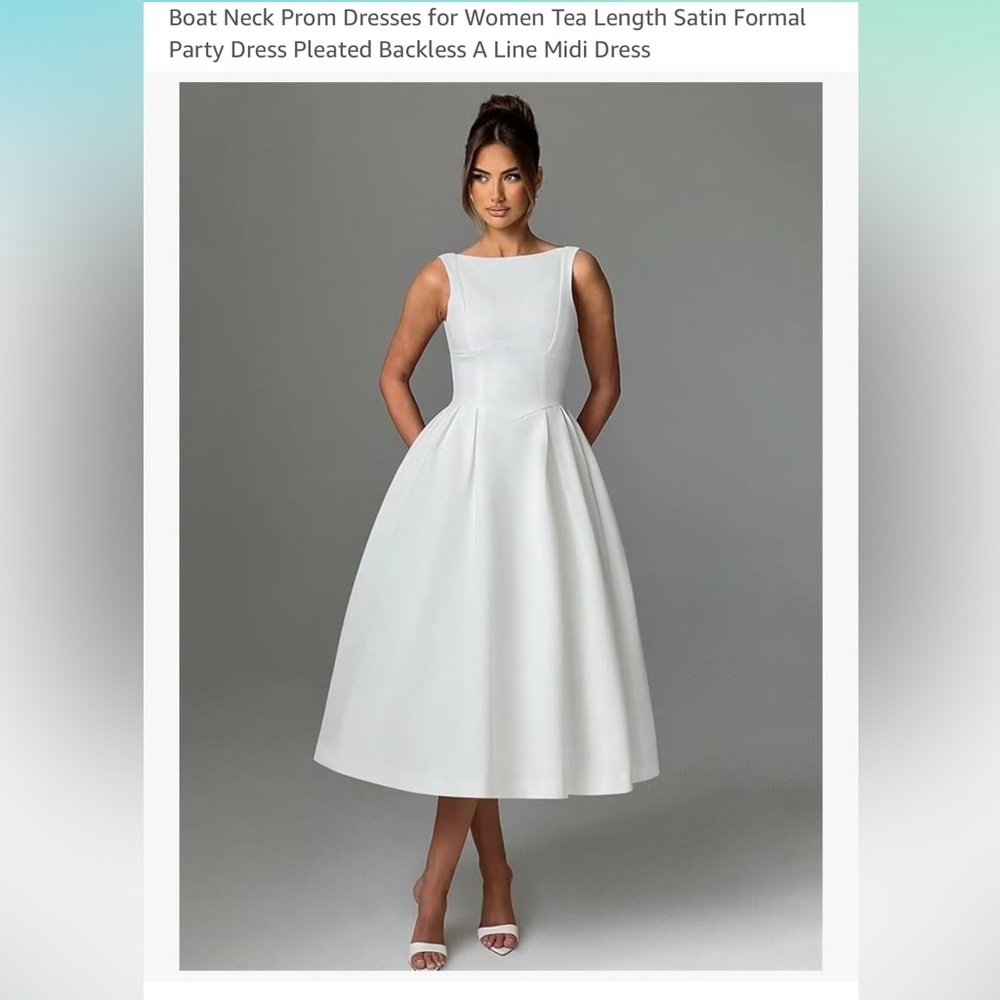 Elegant White Sleeveless Satin Tea Length Dress